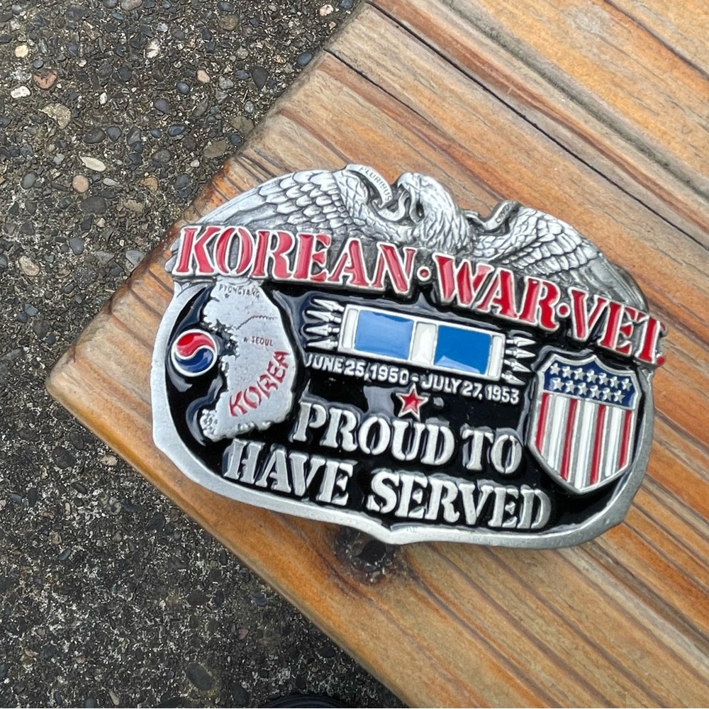 Vintage Korean War Veteran Proud To Have Served Pewter Belt Buckle Military